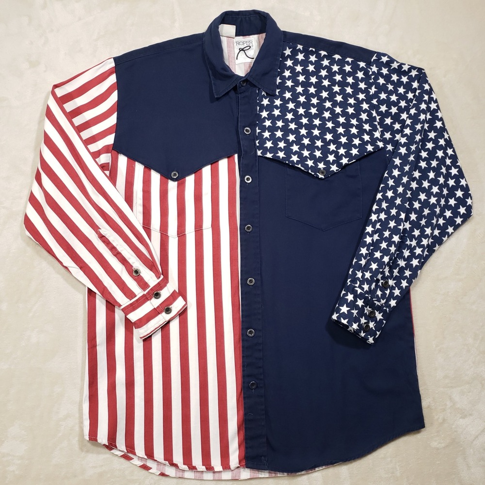 Roper Button Up Shirt Mens Large Red White Blue Stars Stripes Patriotic Western